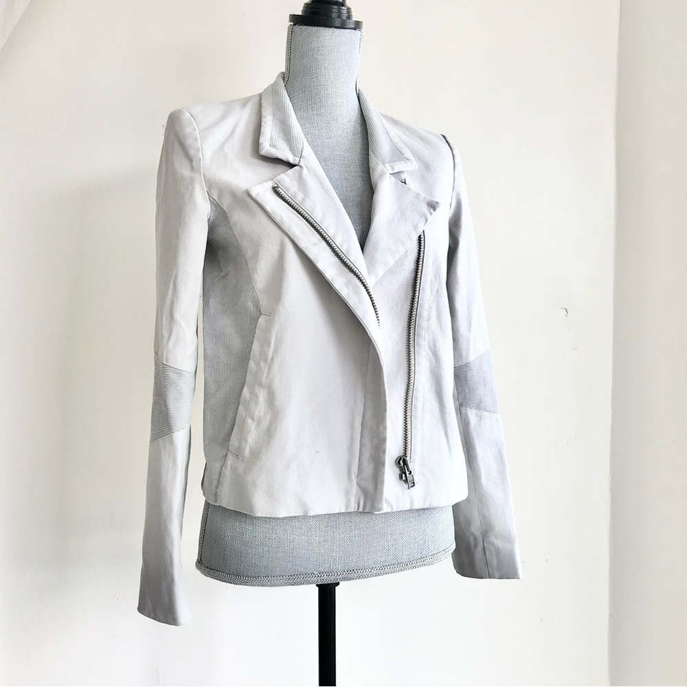Helmut Lang Asymmetrical Zip Cotton Moto Jacket Ecru Tan Beige Gray Size S 4 6